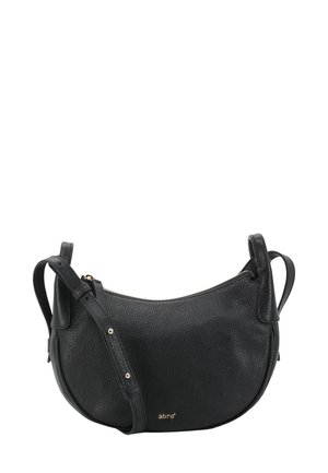 Schwarze Leder-Schultertasche mit runder Form, strukturierten Oberfläche, verstellbarem Riemen und einem Reißverschlussdetail in Goldtönen. Logo auf der Vorderseite geprägt.