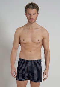 Boxers pour hommes en bleu marine avec des rayures verticales multicolores. Fabriqués en tissu doux, ils disposent d'une taille élastique et d'une fermeture à bouton à l'avant.