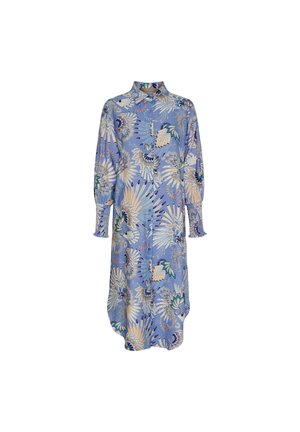 Langærmet midi-kjole med knapper, blå bundfarve og flerfarvet blomsterprint, med rynkede manchetter og buet kant.