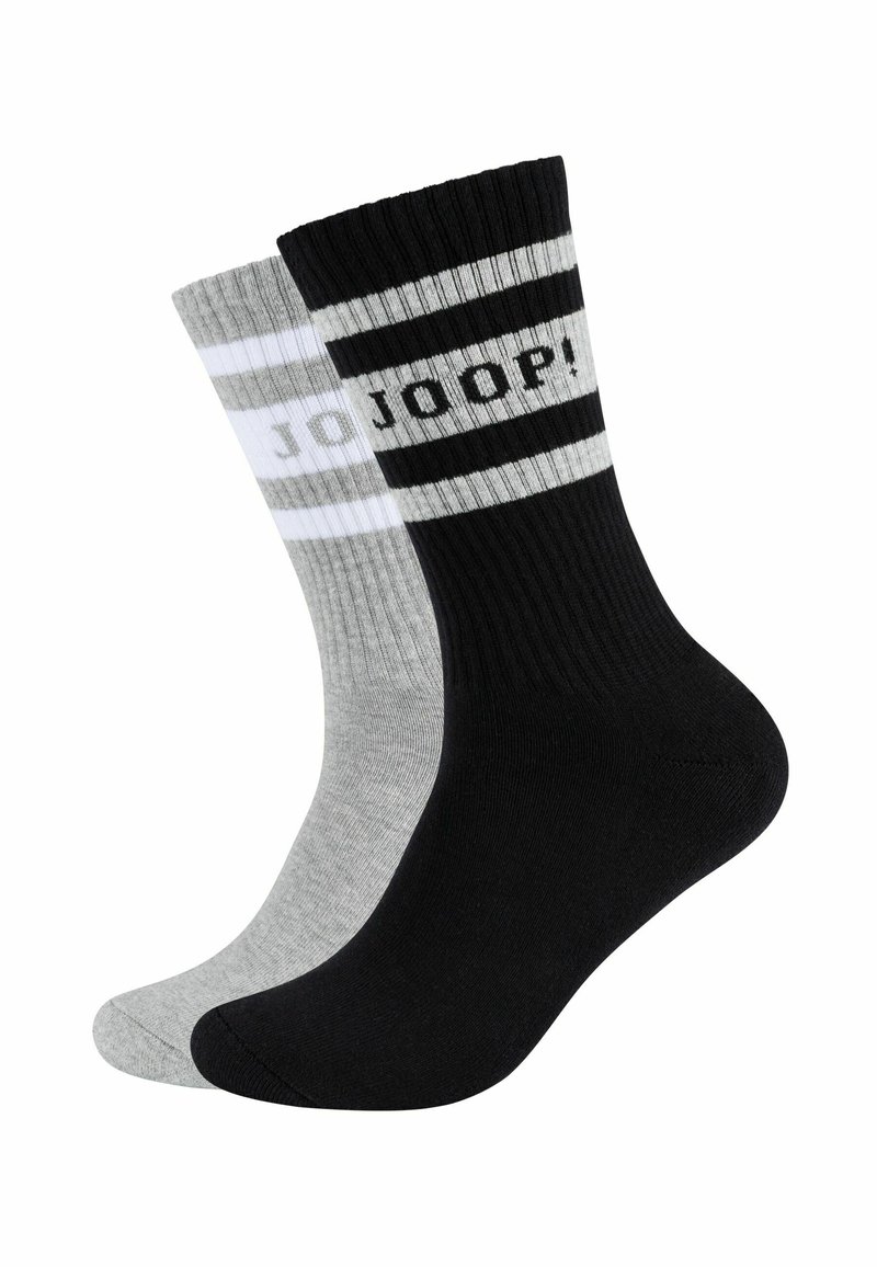 Sokker i bomuldsblanding i sort og grå. Ribbet tekstur med striber øverst og "JOOP!" logo. Hver sok har en unik farve.