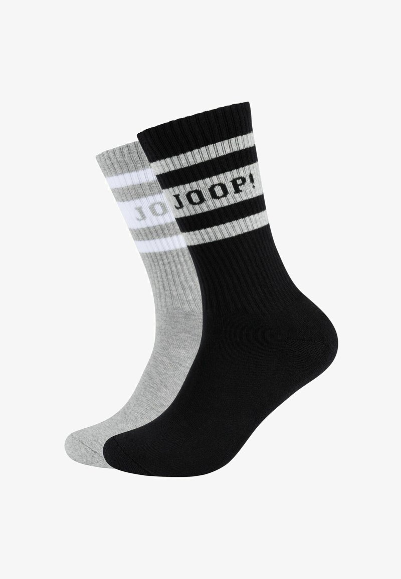 Calzini in misto cotone neri e grigi. Texture a coste con righe in cima e logo "JOOP!". Ogni calzino presenta un colore distintivo.