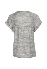 Sivi kratki rukav T-shirt s okruglim izrezom, s teksturiranim, prugastim uzorkom i uvrnutim manžetama. Prikazan stražnji pogled.