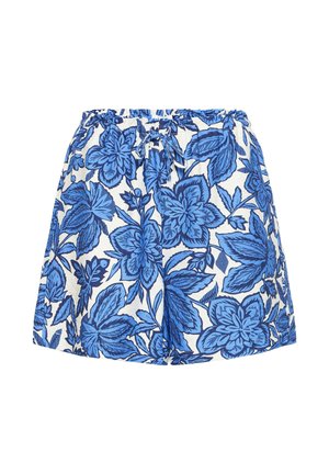Shorts bleu et blanc à gros motif floral, avec taille élastique et cordon de serrage à l'avant.