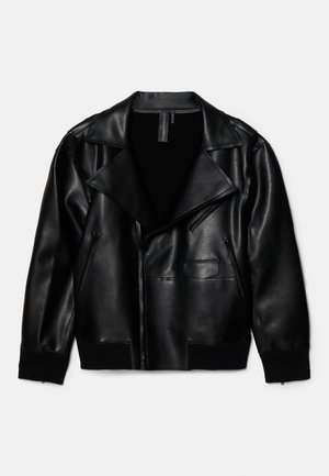 Black leather jacket featuring a wide lapel, zippered front, two side pockets, and ribbed cuffs. Smooth texture with minimal detailing.