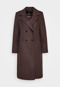 Tmavohnědý vlněný kabát s dvouřadým zapínáním, klopovými límci, dvěma postranními kapsami a černými knoflíky. Hladký povrch. Dlouhé rukávy.
