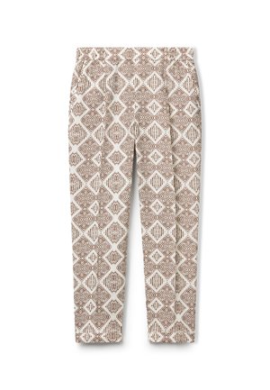 Gemusterte Hosen mit einem cremefarbenen Hintergrund, der ein geometrisches braunes Rautenmuster zeigt. Elastischer Bund; schmal zulaufende Beinform.