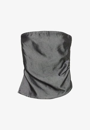 Scaldino grigio estensibile realizzato in tessuto morbido. Presenta un design senza cuciture con una leggera lucentezza e una forma cilindrica per una maggiore versatilità.