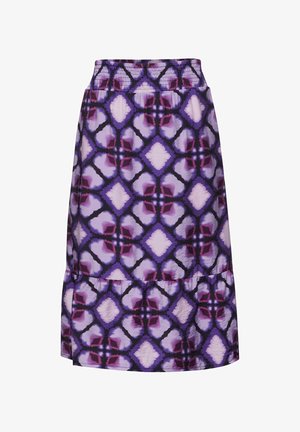 Lila gemusterter Rock mit einem gerafften Saum, geometrischen Designs in verschiedenen Violett- und Lavendeltönen und einem elastischen Bund für eine optimale Passform.