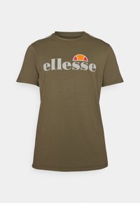Olive green short-sleeve t-shirt made of cotton with a round neckline. Features "ellesse" logo in gray with a multicolored sun design above it.
