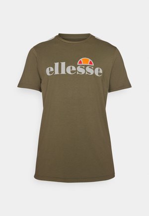 Olivengrünes T-Shirt mit kurzen Ärmeln aus Baumwolle und Rundhalsausschnitt. Mit dem "ellesse"-Logo in Grau und einem mehrfarbigen Sonnendesign darüber.