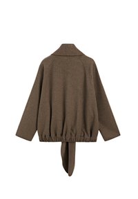 Brown wool jacket with long sleeves, wide collar, elasticated waistband, and an extended fabric detail hanging from the back center.