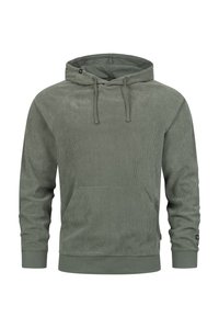 Grønn kordfløyelsgenser med kengurulomme, ribbede mansjetter og hette med snor. Myk tekstur med horisontale linjer.