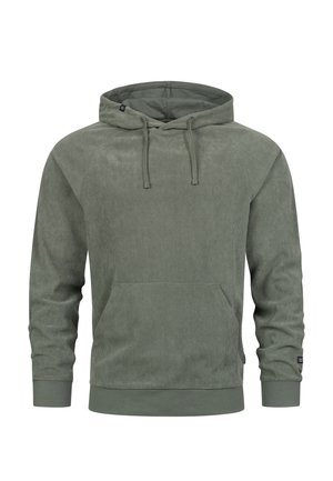 Zielona bluza z koronki z kapturem, z kangurzą kieszenią, prążkowanymi mankietami i ściągaczem na kapturze. Miękka tekstura z poziomymi liniami.