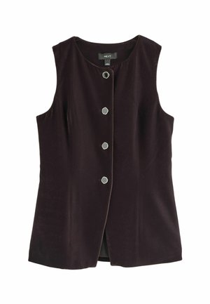 Bez piedurknēm tumši violets žakets ar apaļu kakla izgriezumu, kas aprīkots ar pieciem sudraba pogām gar priekšpusi un gludu, teksturētu audumu.