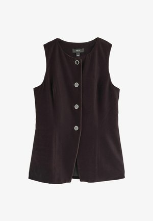 Bešvarkis tamsiai violetinis su apvaliu kaklu, turintis penkis sidabrinius mygtukus priekyje ir lygų, tekstūruotą audinį.