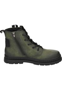 Botines de cuero verde con suela de goma negra, cordones en la parte delantera, cremallera lateral y forro de tejido texturizado. Presenta una lengüeta en la parte trasera.