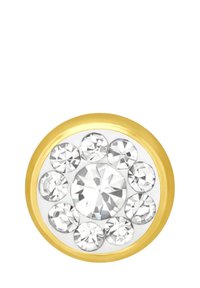 Orecchino circolare color oro con diversi rhinestone trasparenti disposti in un motivo floreale, con una grande pietra centrale circondata da pietre più piccole.