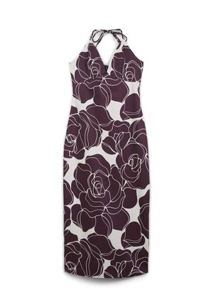 Ärmelloses Halfterkleid mit tiefem V-Ausschnitt und großem dunkelvioletten Blumenmuster auf weißem Hintergrund, knielanger Rock.