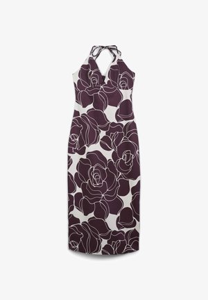 Ärmelloses Halfterkleid mit tiefem V-Ausschnitt und großem dunkelvioletten Blumenmuster auf weißem Hintergrund, knielanger Rock.