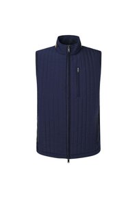 Gilet matelassé bleu marine avec col montant, fermeture éclair avant et poches latérales. Présente des coutures verticales texturées et un design sans manches épuré.