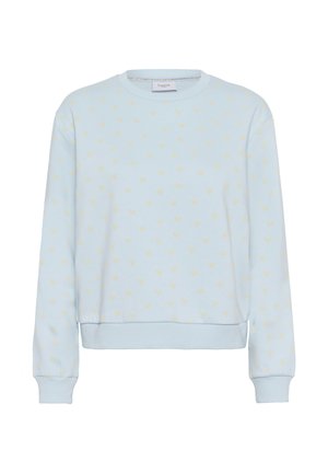 Világoskék pulóver puha anyagból, sárga szív mintával, kerek nyakkivágással, bordázott mandzsettával és szegéllyel.