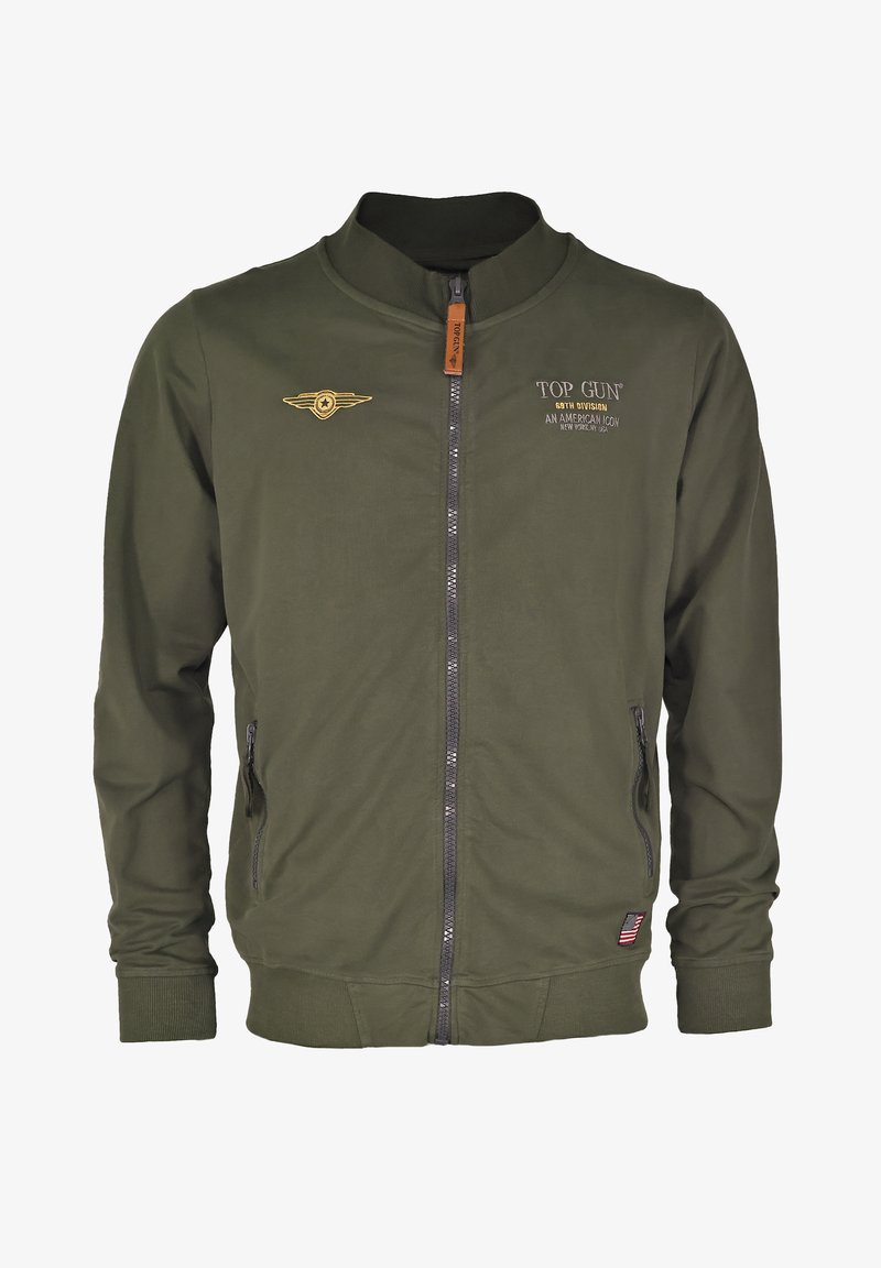 Olijfgroene bomberjack met een rits, ribgebreide manchetten en zoom. Voorzien van een geborduurd 'Top Gun' logo en een gevleugeld embleem op de borst.