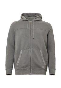 Grijze zip-up hoodie met een trekkoord capuchon, voorzakken, ribbenmanchetten en een gladde textuur. Versterkte stiksels langs de schouders.