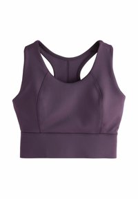 Sujetador deportivo atlético púrpura con un diseño de espalda en forma de racerback, hecho de una tela suave y elástica. Presenta costuras reforzadas y una silueta ajustada.