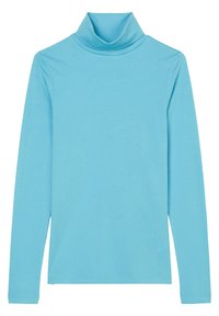 Langärmliges Turtleneck-Shirt in Hellblau, aus weichem Stoff. Hat eine figurbetonte Silhouette und einen hohen, gefalteten Kragen.