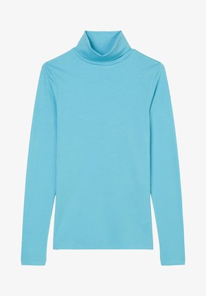Pitkähihaisen turtleneck-paidan vaalea sininen väri, valmistettu pehmeästä kankaasta. Ominaisuuksiin kuuluu tiukka siluetti ja korkea, taitettu kaulus.