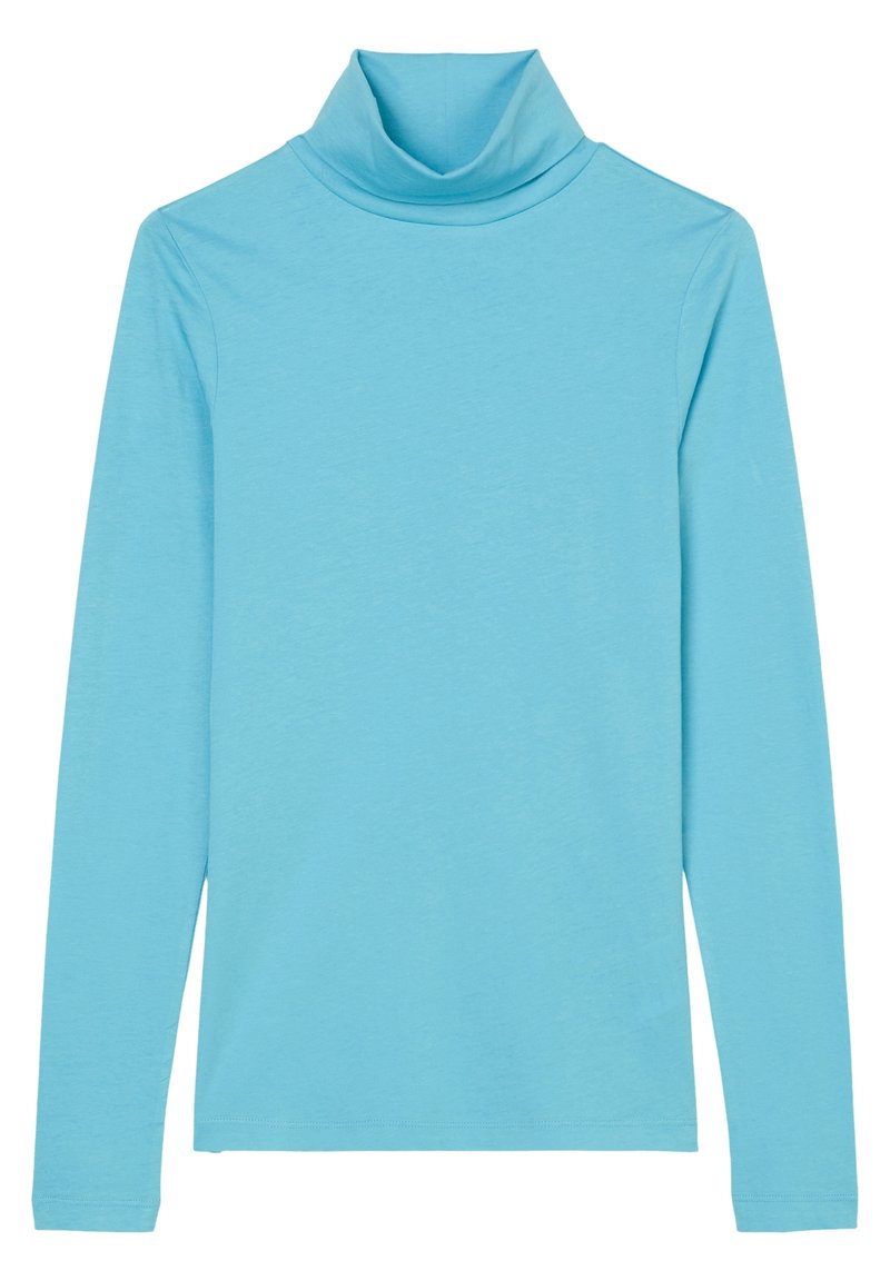 Langärmliges Turtleneck-Shirt in Hellblau, aus weichem Stoff. Hat eine figurbetonte Silhouette und einen hohen, gefalteten Kragen.