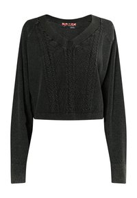 Kurzes schwarzes Sweatshirt mit V-Ausschnitt, das mit strukturierten Mustern, langen Ärmeln und gerippten Kanten versehen ist. Aus einem weichen, gestrickten Material gefertigt.