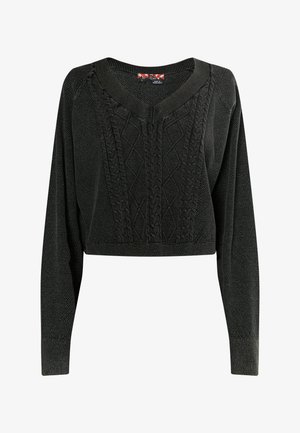 Zkrácený černý svetr s výstřihem do V, zdobený texturovanými vzory, s dlouhými rukávy a žebrovanými okraji. Vyrobeno z měkkého pleteného materiálu.