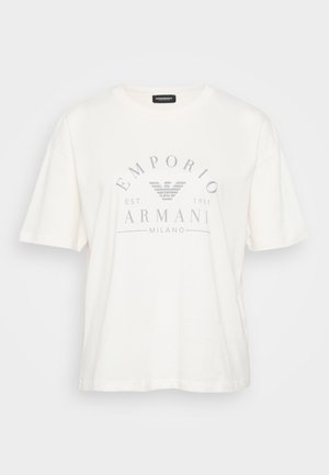 Weißes Baumwoll-T-Shirt mit Rundhalsausschnitt und kurzen, lockeren Ärmeln. Zentrales Grafikdesign mit "EMPORIO ARMANI" und Logo in Grau.