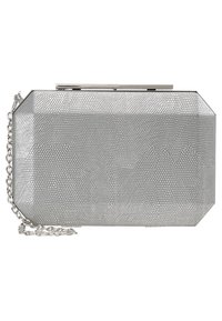 Silver metallic mesh clutch with geometric shape and silver chain strap, designed for evening or formal occasions.