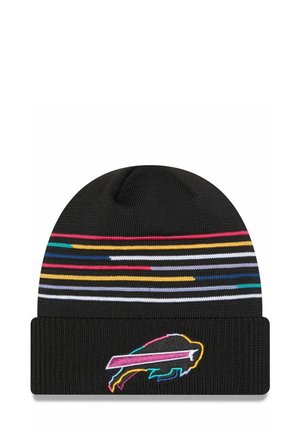 Beanie in maglia nera con risvolto, decorato con strisce orizzontali colorate e un logo ricamato di un bufalo in colori vivaci.