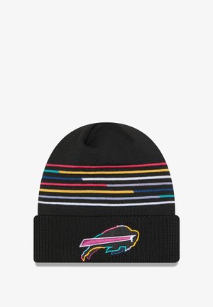Beanie in maglia nera con risvolto, decorato con strisce orizzontali colorate e un logo ricamato di un bufalo in colori vivaci.