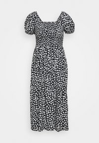 Vestido negro con estampado floral blanco, mangas cortas con volantes, escote cuadrado y diseño de falda con volantes. Fabricado en tejido ligero.