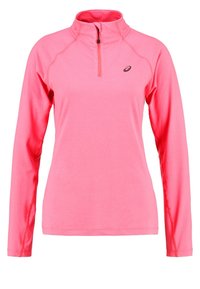 Langärmliges pinkes Sportoberteil mit Viertelreißverschluss und kleinem schwarzen Logo auf der linken Brust, entworfen für Damen.