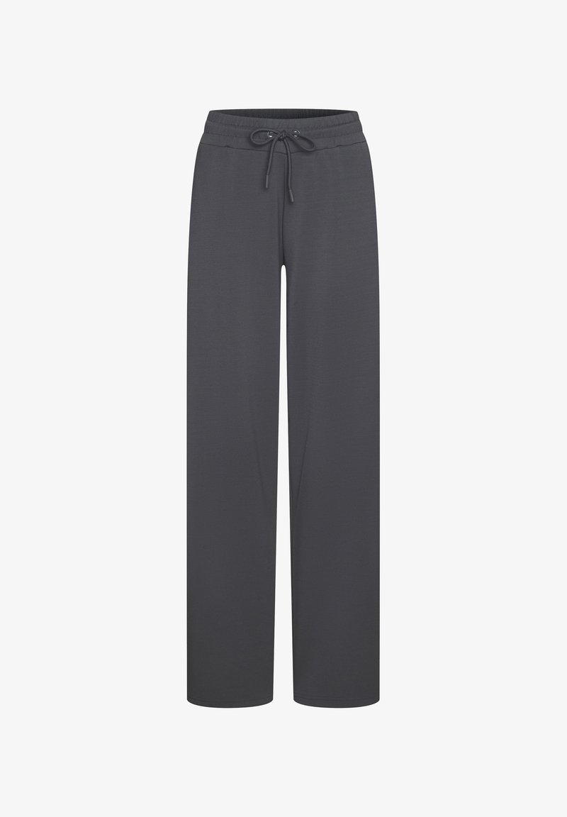 Graue, weite Hosen aus glattem Stoff mit einem verstellbaren Kordelzugbund und ohne sichtbare Taschen.