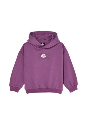 Paarse capuchonsweatshirt met lange mouwen, geribde manchetten en zoom, en een klein logo met het woord "Conquer" op de borst.