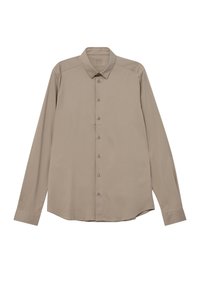 Langærmet, knap-op skjorte i en lys beige farve, lavet af et glat stof med en klassisk krave og en lige kant.