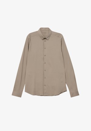 Langærmet, knap-op skjorte i en lys beige farve, lavet af et glat stof med en klassisk krave og en lige kant.