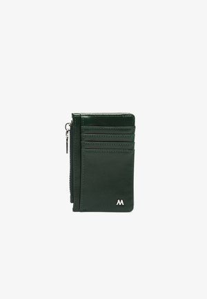 Dark green leather wallet with four card slots, a zippered compartment on the side, and a small silver "M" logo on the front.