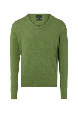 Zielony sweter z długim rękawem i dekoltem w serek, wykonany z organicznej bawełny, z prążkowanymi mankietami i dołem, prezentowany z przodu na białym tle.