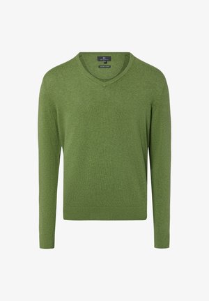 Pull vert à manches longues avec col en V en coton biologique, avec poignets et ourlet côtelés, présenté de face sur fond blanc.