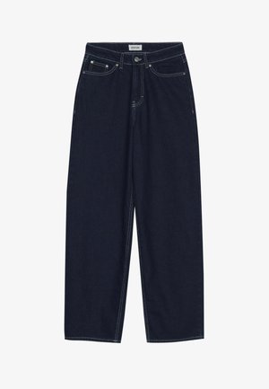 Mørkeblå denim bukser med bred benvidde, kontrastsyning, forlommer og knaplukning. Ren, lige snit uden forskønnelser.