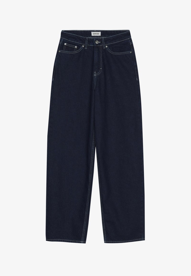 Dunkelblaue Denim-Hosen mit weitem Bein, kontrastierenden Nähten, frontalen Taschen und einem Knopfverschluss. Sauberer, gerader Schnitt ohne Verzierungen.