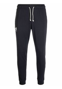 Marine joggingsbroek met elastische tailleband en verstelbare trekkoord. Bevat een wit logo op de linkerdij en taps toelopende enkels.