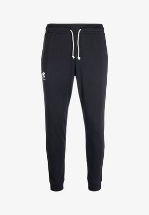 Navy jogger pants with elastic waistband and adjustable drawstring. Features white logo on left thigh and tapered ankle cuffs.